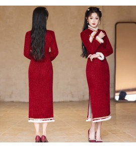 女裝紅色旗袍連身裙喜慶拜年服
