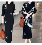 女裝旗袍蝴蝶刺繡長裙披肩套裝