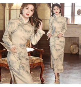 女裝旗袍毛邊立領長袖長裙