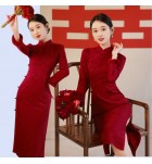 女裝旗袍立領長袖開叉長裙