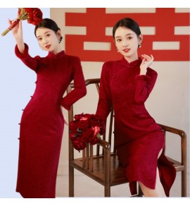 女裝旗袍立領長袖開叉長裙