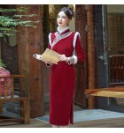 女裝連身裙毛邊立領喜慶紅色拜年服