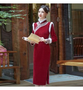 女裝連身裙毛邊立領喜慶紅色拜年服
