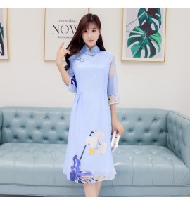 少女連身裙立領盤扣中長裙