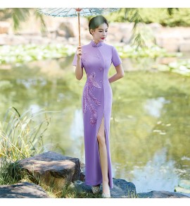 女裝禮服裙立領刺繡開叉改良旗袍