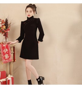 女裝連身裙毛邊立領斜襟短旗袍