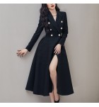 少女外套長裙V領雙排扣中長裙