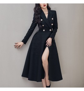 少女外套長裙V領雙排扣中長裙