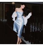 少女連身裙醋酸緞面蕩領露背不規則長裙