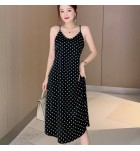 少女連身裙吊帶波點醋酸緞面中長裙
