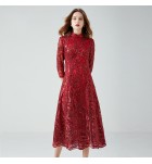 女裝大碼連身裙立領刺繡蕾絲A字裙