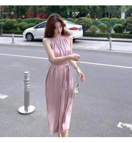 女裝連身裙掛脖系帶三醋酸緞面中長裙