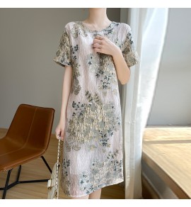 女裝連身裙圓領短袖提花刺繡中長裙