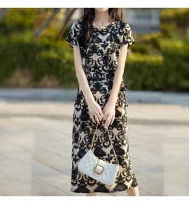 女裝連身裙圓領短袖系帶中長裙