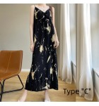 女裝連身裙V領吊帶緞面壓褶長裙