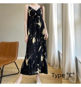 女裝連身裙V領吊帶緞面壓褶長裙