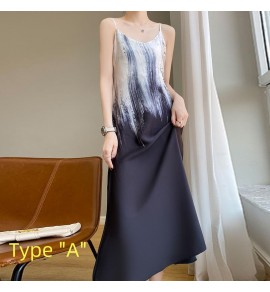 女裝連身裙V領吊帶水墨印花長裙