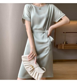 女裝連身裙圓領短袖腰帶中長裙