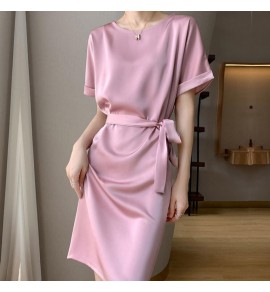 女裝連身裙圓領短袖腰帶中長裙