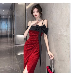 少女連身裙吊帶一字肩開叉中長裙