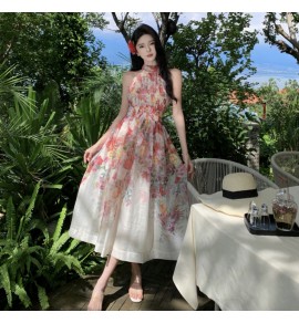 少女連身裙掛脖露肩印花長裙