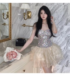 女裝禮服裙抹胸亮片拼接歐根紗蛋糕裙