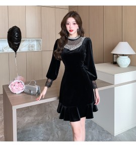 女裝連身裙立領長袖釘珠禮服裙