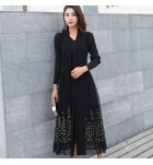 女裝連身裙假兩件刺繡禮服中長裙