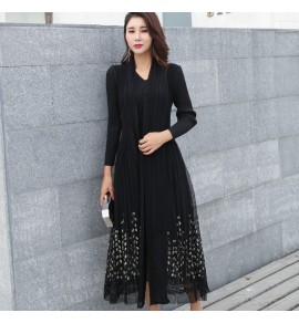 女裝連身裙假兩件刺繡禮服中長裙