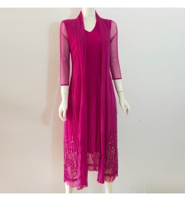 女裝連身裙假兩件刺繡禮服中長裙