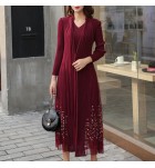 女裝連身裙假兩件刺繡禮服中長裙