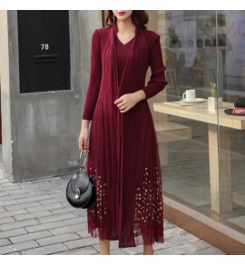女裝連身裙假兩件刺繡禮服中長裙