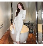 少女連身裙立領排扣中長裙