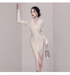 少女連身裙V領單排扣中長裙