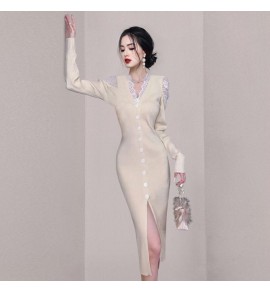 少女連身裙V領單排扣中長裙