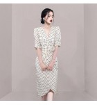 少女連身裙V領波點不規則裙襬