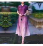 少女連身裙V領盤扣漸變紫色中長裙