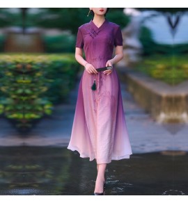 少女連身裙V領盤扣漸變紫色中長裙