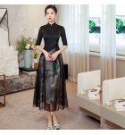 女裝連身裙立領網紗拼接中長裙
