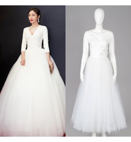 晚裝禮服V領網紗白色長裙
