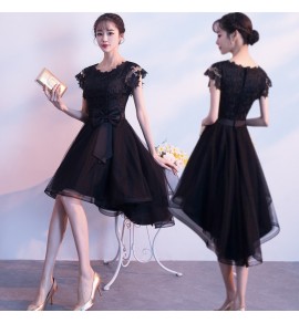 少女禮服裙圓領鏤空蝴蝶結前短後長裙