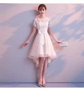 少女禮服裙圓領鏤空蝴蝶結前短後長裙