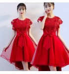 少女禮服裙圓領鏤空蝴蝶結前短後長裙