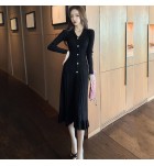 少女連身裙V領彈力針織中長裙