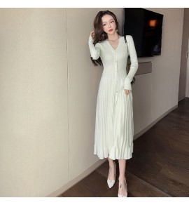 少女連身裙V領彈力針織中長裙