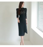 女裝連身裙立領蕾絲拼接中長裙