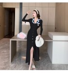 少女連身裙長袖排扣針織中長裙
