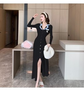 少女連身裙長袖排扣針織中長裙