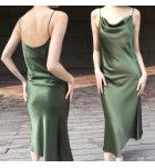 禮服三醋酸緞面連身裙吊帶露背長裙