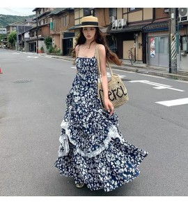 女裝連身裙吊帶碎花荷葉邊長裙